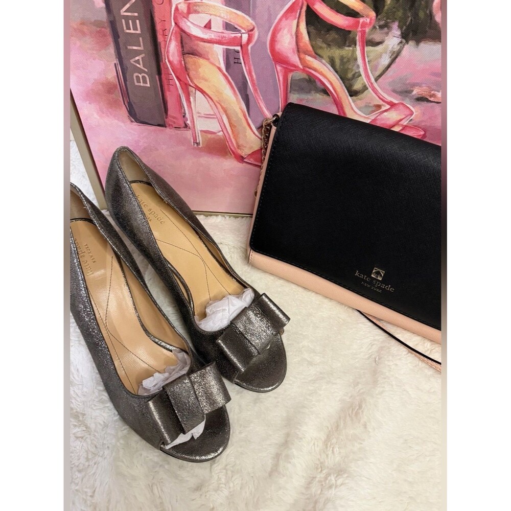 Kate Spade Bow Peep Toe Heels Metallic Pewter Pumps Size 8.5M Wedding Party